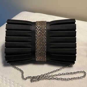 Black Satin with bronze Beads in the middle, silver chain strap Clutch Bag.